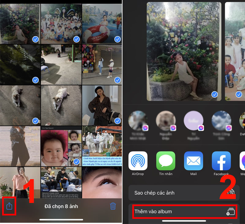 Nhấn v&agrave;o biểu tượng Chia sẻ > Chọn Th&ecirc;m v&agrave;o Album.